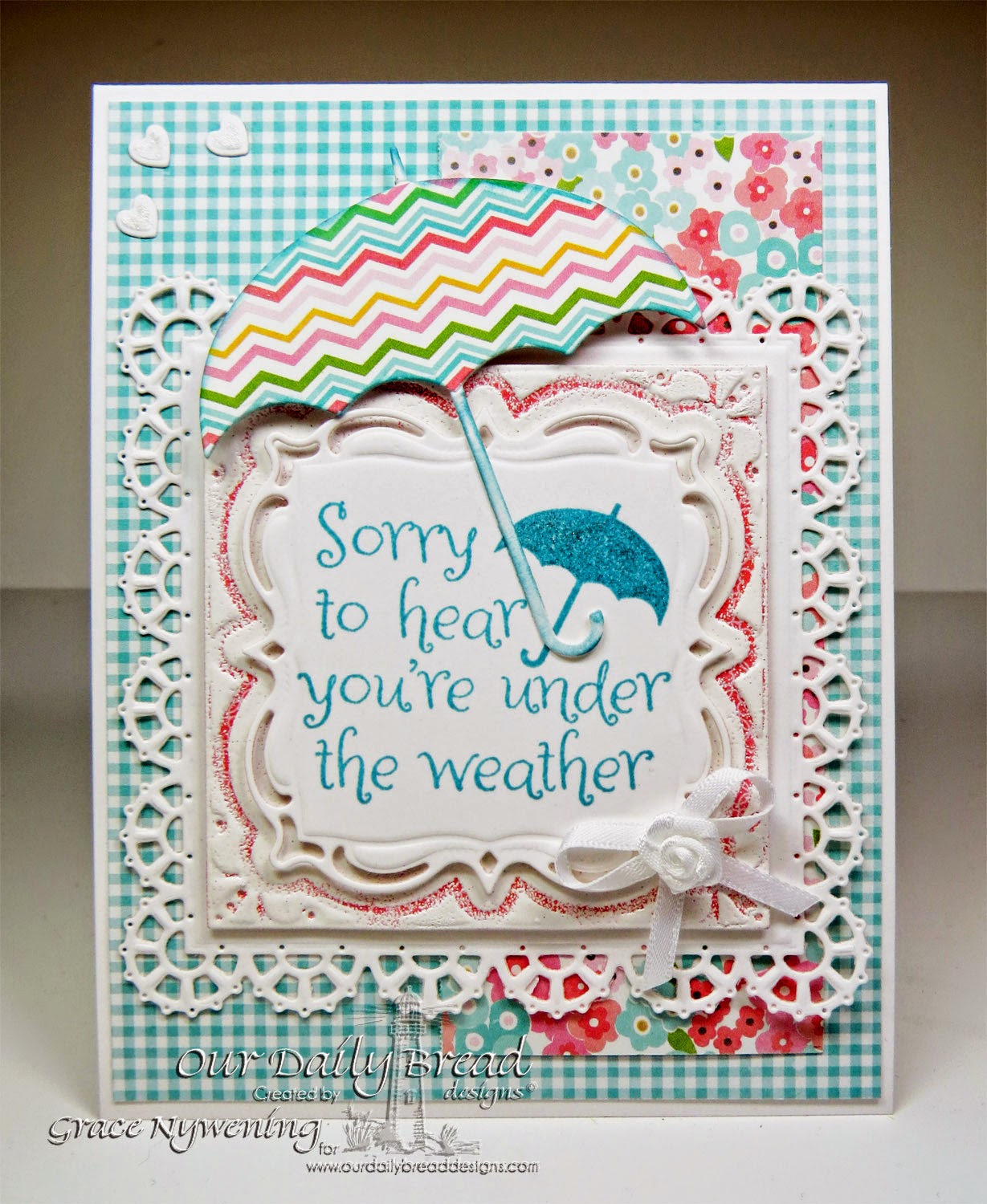 ODBD stamps: April Showers, Layered Lacey Squares Dies, Umbrella Die, Clouds and Raindrops dies, designed by Grace Nywening