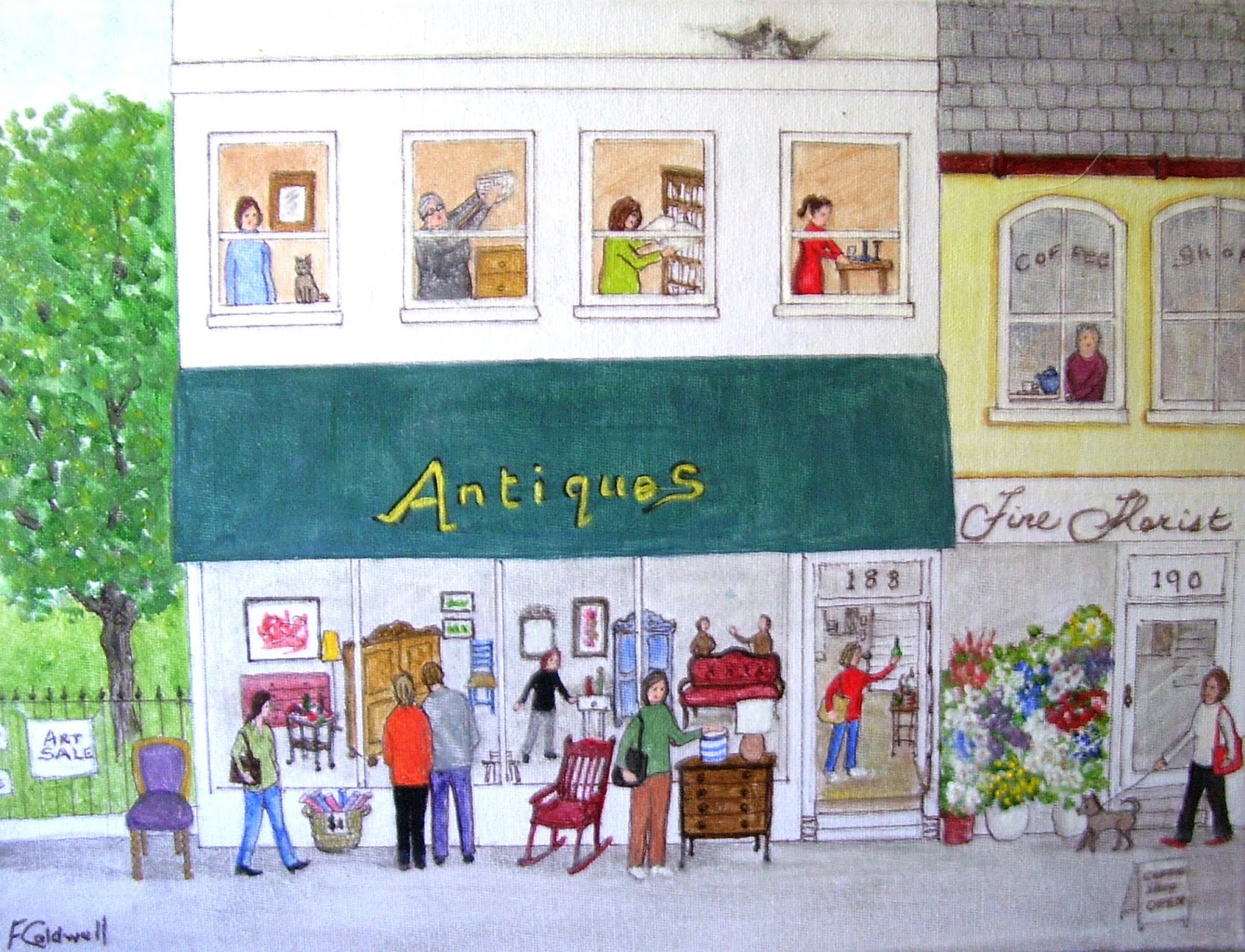 Fran Caldwell at Home Original Naive Folk Art "Country Antique Store" Latest Original