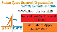 Indian Space Research Organization Recruitment 2017–Technician& Technical Assistant