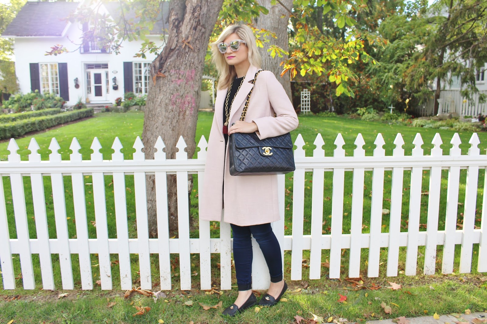 Bijuleni - Duster Blush Zara Coat, Skinny Guess Jeans, turtleneck sweater, Coach loafers and Vintage Chanel Handbag ootd