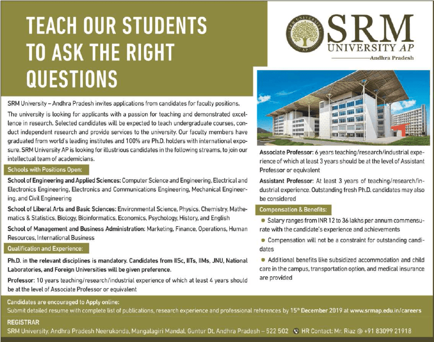 SRM Vijayawada Faculty Jobs in Life Science/Bioinformatics