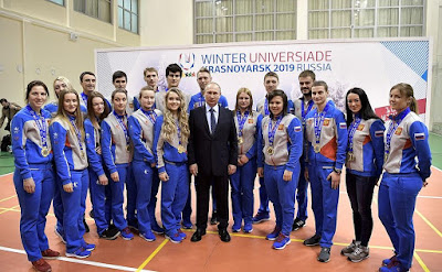 Russian President with the winners of Winter Universiade 2017. Russian President, sportsmen.