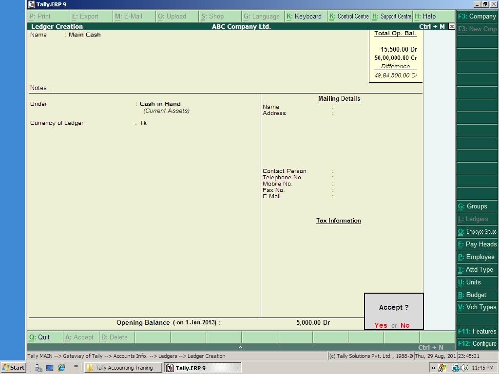 Tally operating Solution System to Create “Main Cash A/c” in Tally