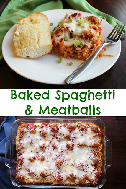 Baked spaghetti and meatball casserole is a fun twist on that classic favorite dinner. It is easier to make than lasagna and more fun too!