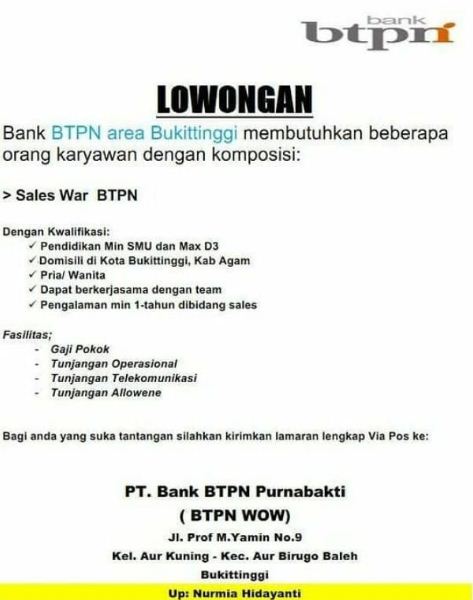 Lowongan Kerja Bank Btpn Bukittinggi Februari 2018 Blog Pak Pandani