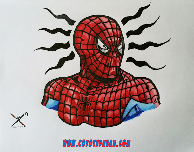 Spider-Man art, ink sketch in sketchbook, completed in Prismacolor and Copic art markers and Prismacolor watercolor pencils