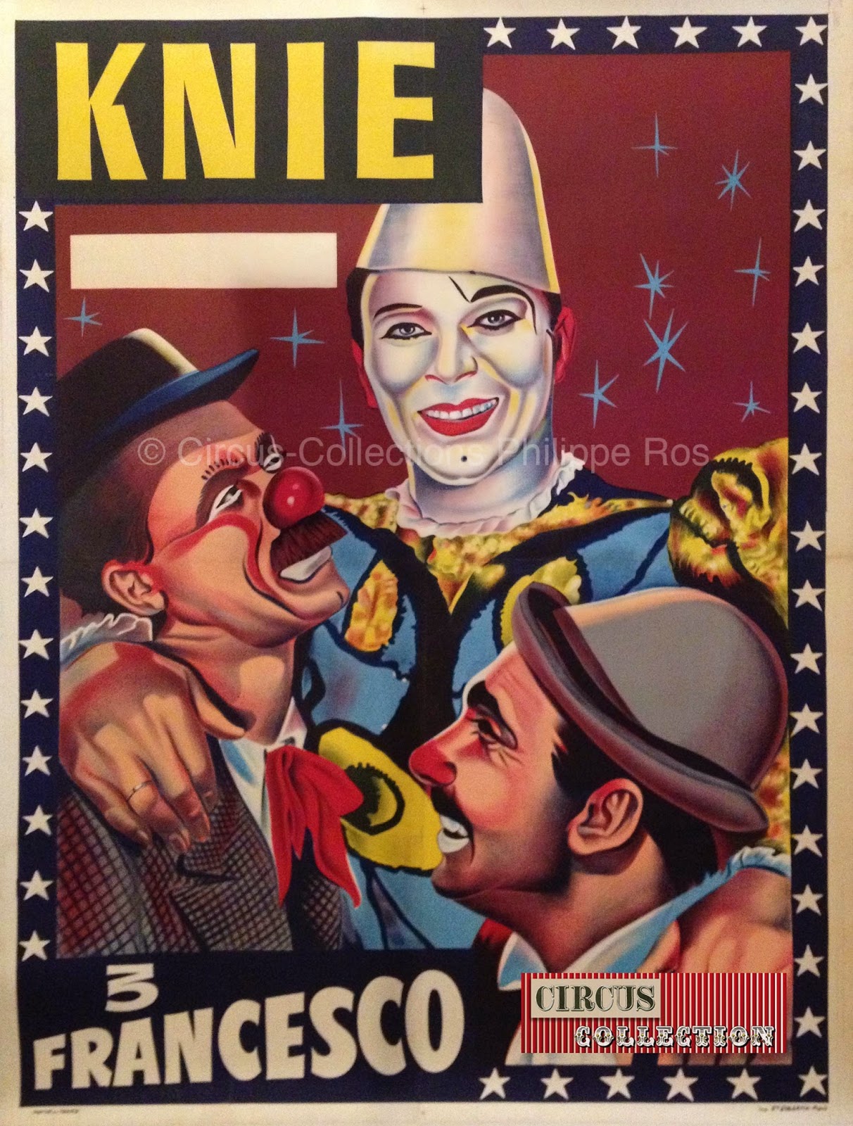 affiche du Cirque Knie 1951 avec le trio de clowns les Francesco