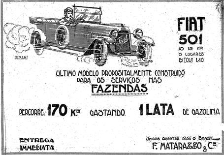 Propaganda do Fiat 501 para fazendas: carro prometia economia e bom desempenho nas estradas sem asfalto.