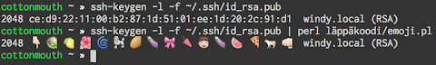 [Image: Terminal screenshot showing a PGP key fingerprint and the same with all hex numbers replaced with emoji.]