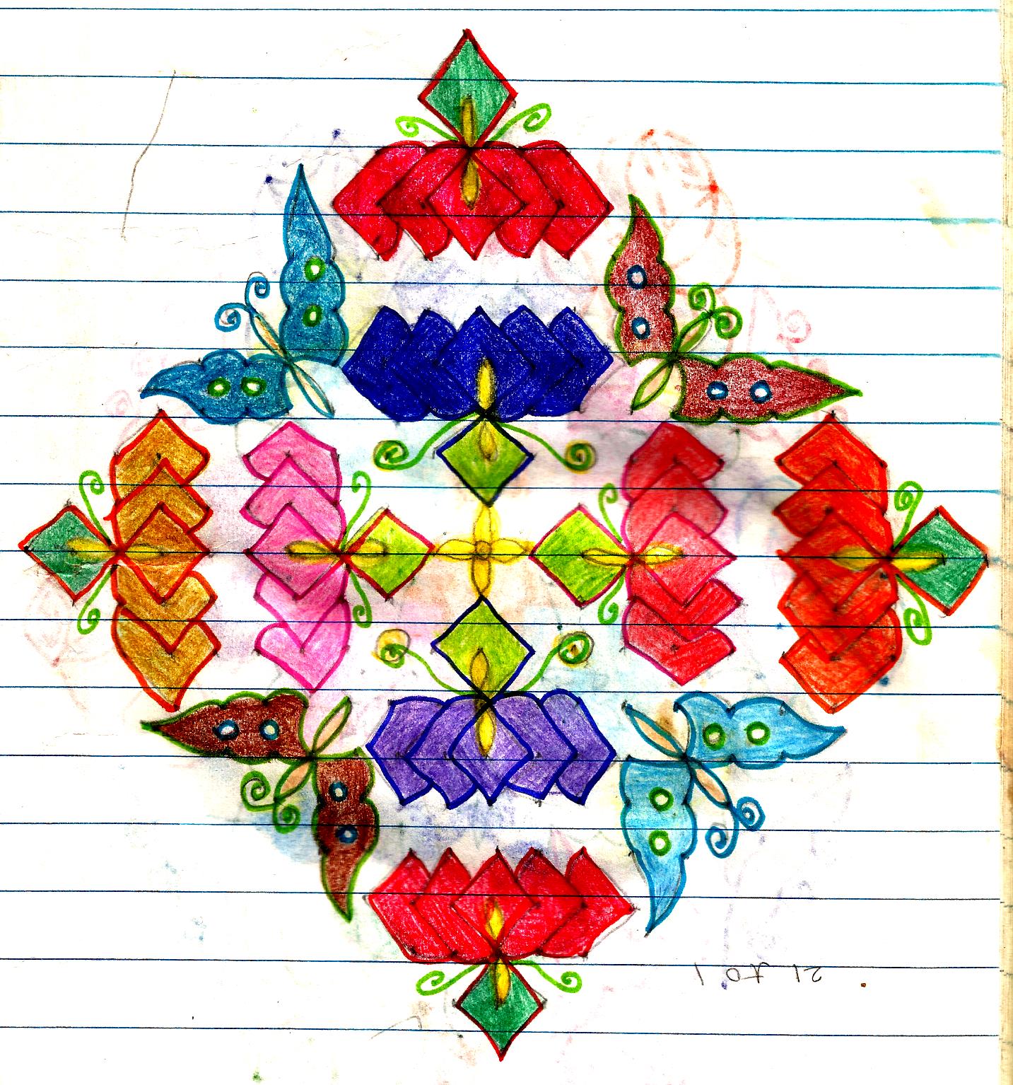 Colourful Rangoli Patterns with Dots 21 to 11 dots and 21 to 1 dot