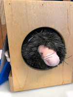 mole puppet peeking out of touch and feel box