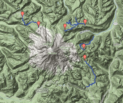 Topology Map of All Four Hikes This Season Around Rainier