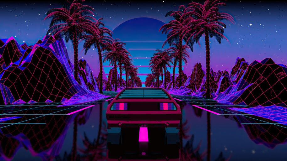 Retrowave, Car, Night, Scenery, Palm, Trees, 4K, #4.3065