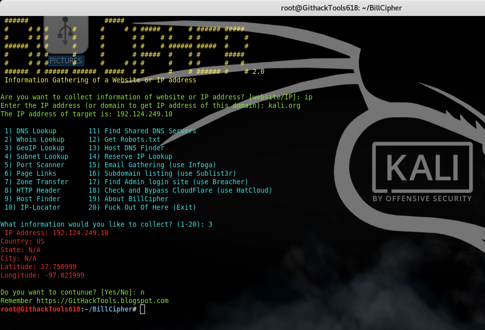 Run BillCipher on Kali Linux