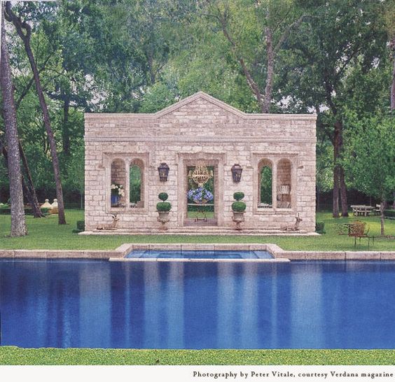 Magnificent stone pool house constructed with reclaimed ancient stone in Houston - design by Pamela Pierce. #oldworldstyle #frenchcountry #frenchstone #pamelapierce