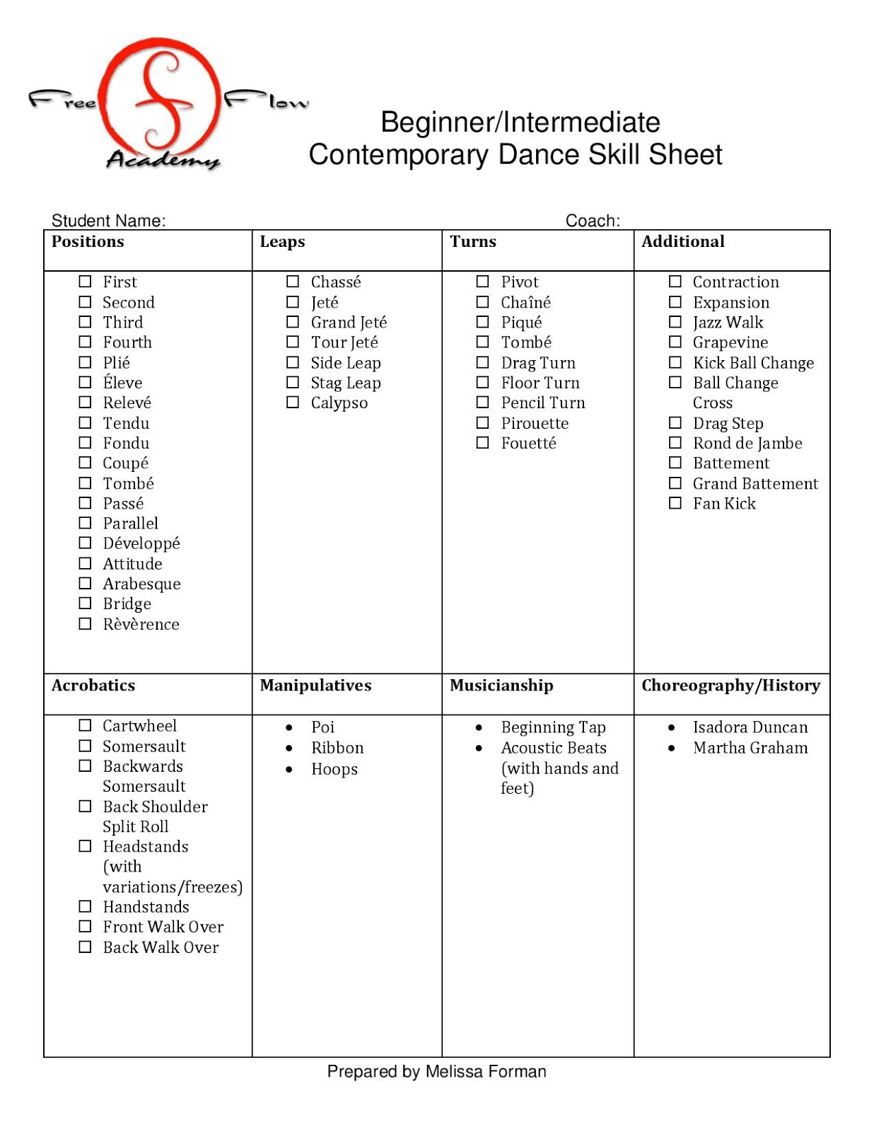 free flow academy contemporary dance skill sheets dance sheets