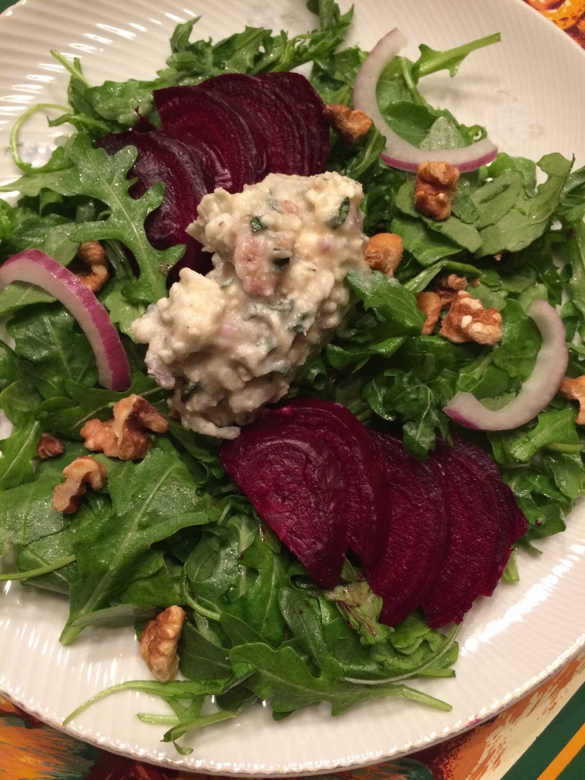 Nana's Blue and White Dishes: Roasted Beets With Walnut Gorgonzola Dressing
