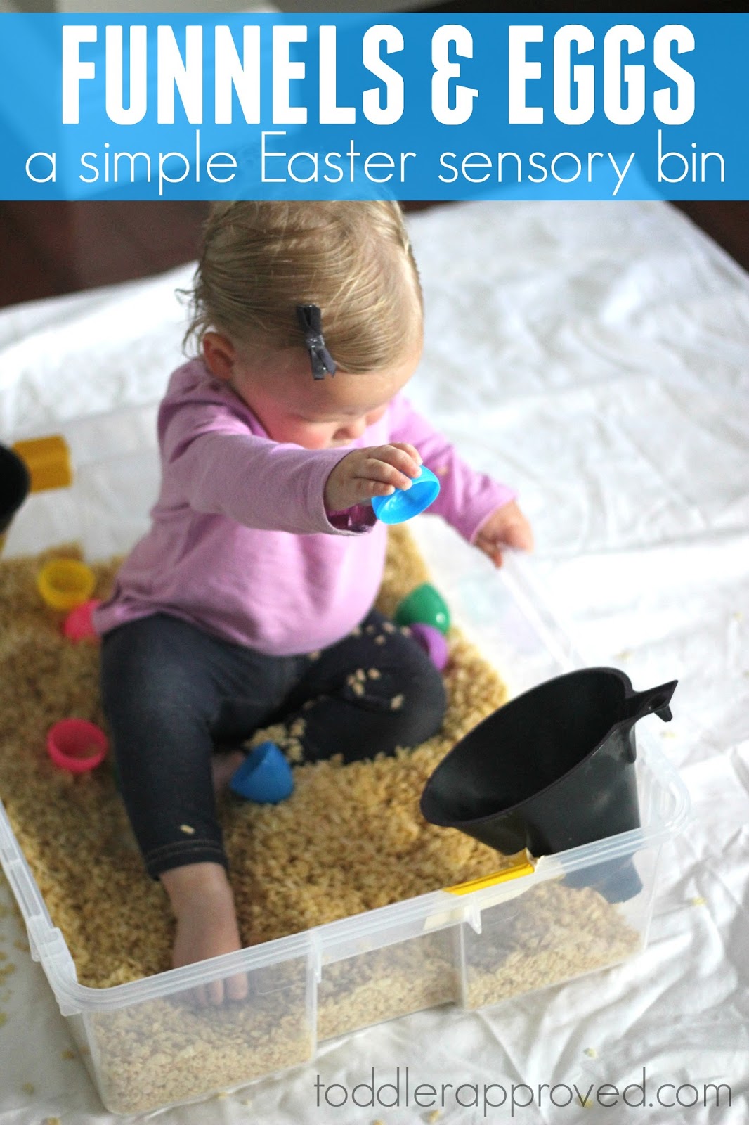 Toddler Approved! Simple Easter Sensory Bin with Funnels and Plastic Eggs