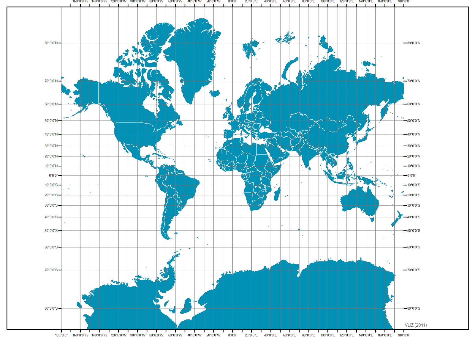 Mapamundi en proyección Mercator