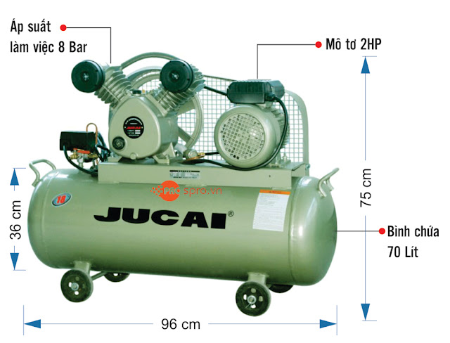 Máy nén khí piston 2HP 1 cấp Jucai AV1608-Dung tích 70L thiết bị nén khí 1 cấp nhập khẩu chuyên dụng cho gara. Máy bơm hơi jucai chính hãng