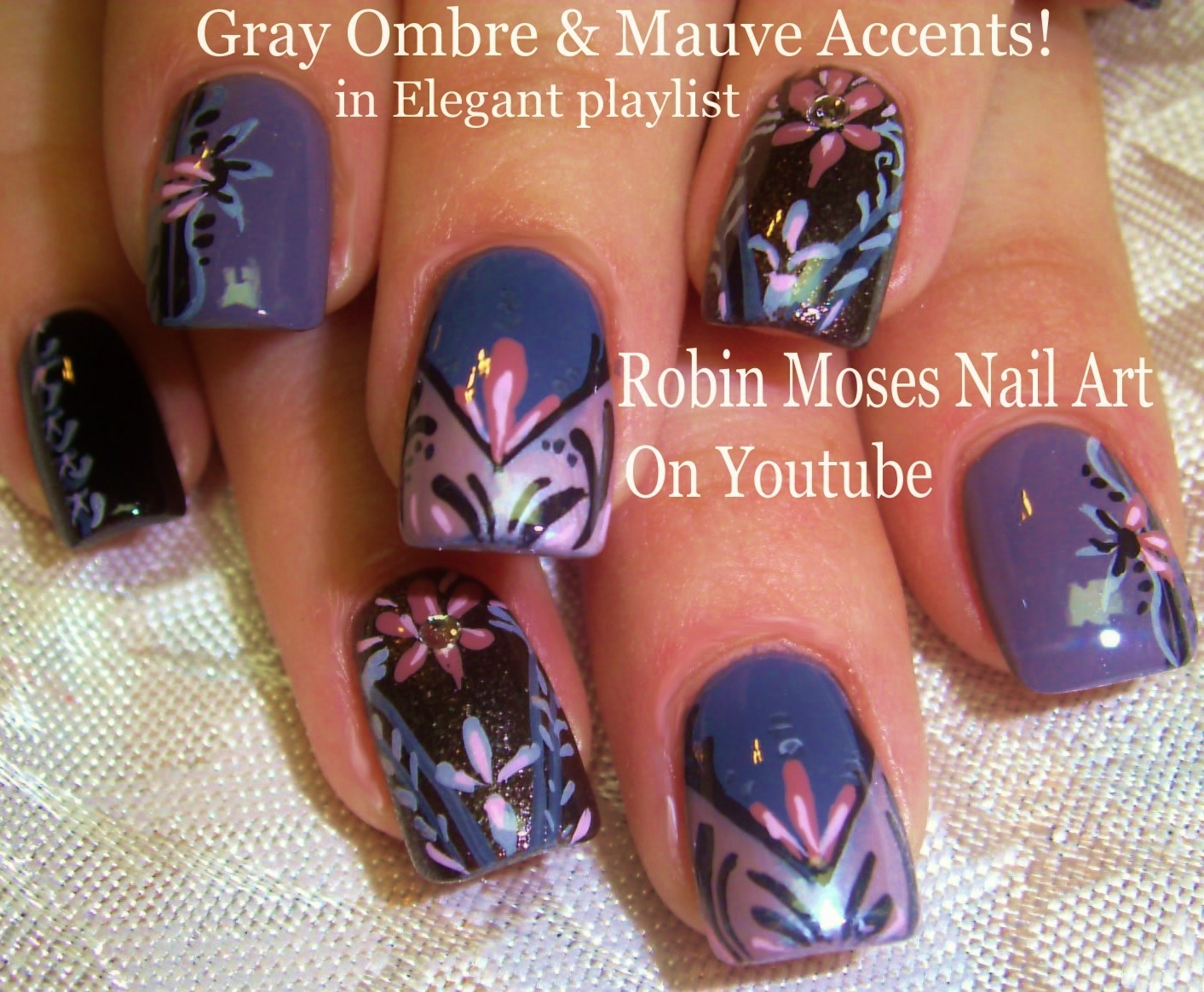 Nail Art by Robin Moses Vintage Grey Nails. Black White and Gray mix