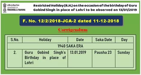 Govt. declared 13 January 2019 as Restricted Holiday (R.H.) on the occasion of birthday of Guru Gobind Singh in place of Lohiri Govt. declared 13 January 2019 as Restricted Holiday (R.H.) on the occasion of birthday of Guru Gobind Singh in place of Lohiri