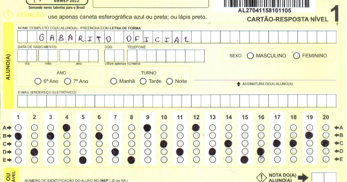 Cartão Resposta Obmep Em Branco - NAZAEDU