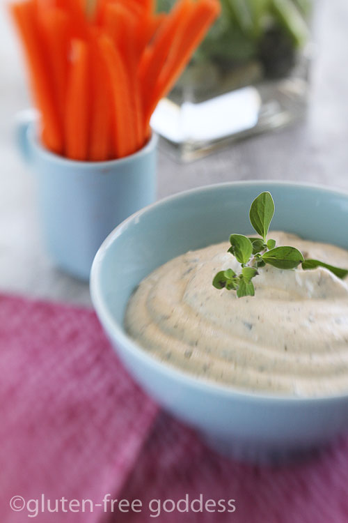 Sprouted tofu veggie dip with fresh herbs is gluten-free and vegan.