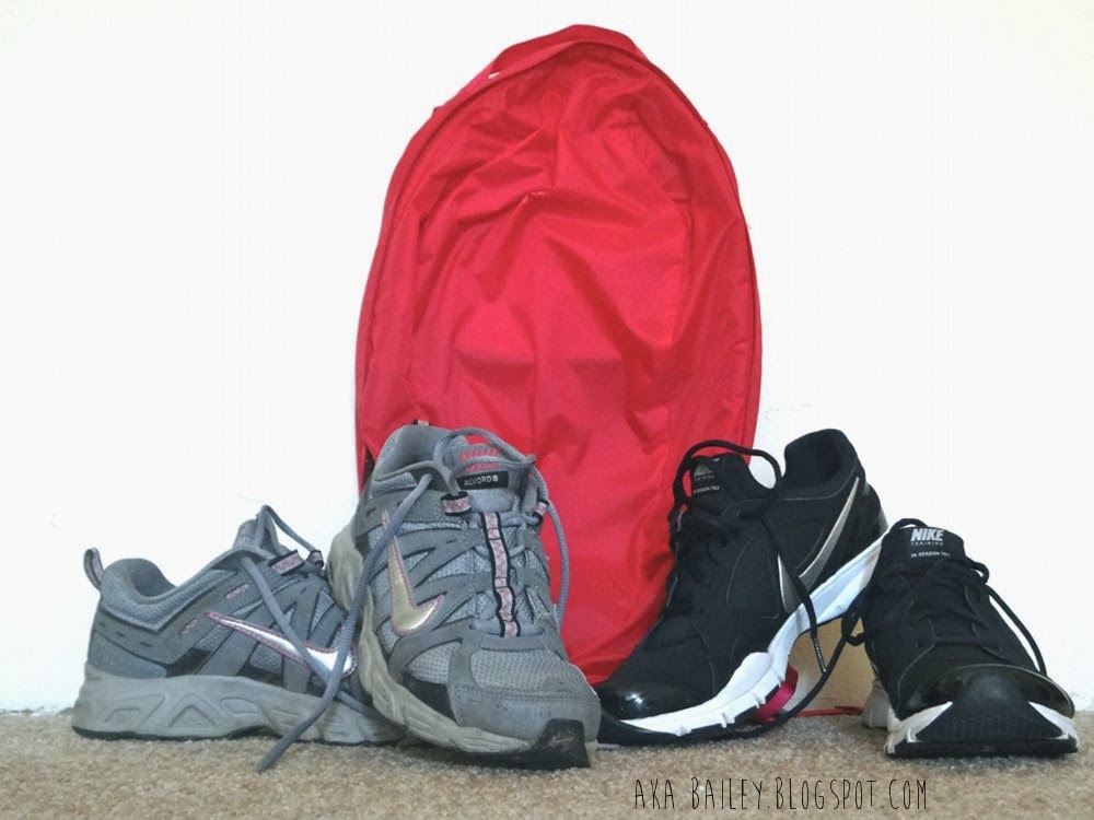 Nike Alvord 8 in grey and pink, bright pink MEC backpack, black and silver Nike In-Season TR2