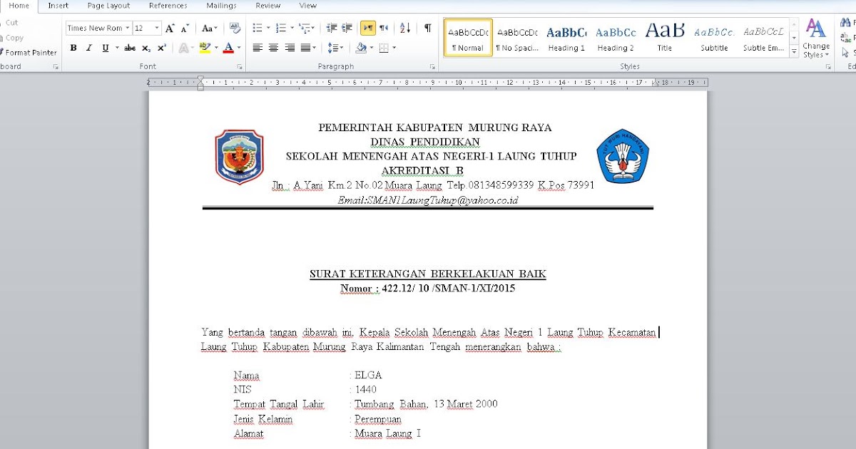 Contoh Surat Keterangan Berkelakuan Baik Dari Kepala Sekolah