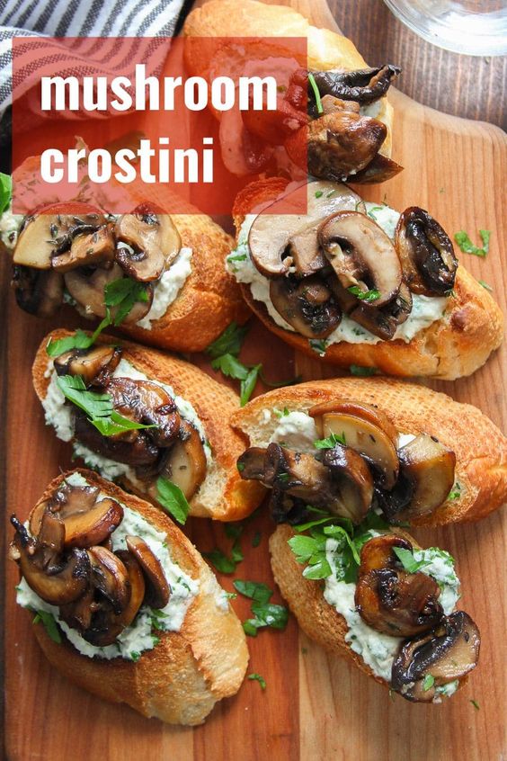 With toasty baguette slices topped with creamy cashew cheese and savory sautéed cremini mushrooms, this vegan mushroom crostini is hard to resist. Perfect for a plant-based party appetizer or afternoon snack! #veganrecipes #vegan #appetizer #mushrooms #snacks #crostini