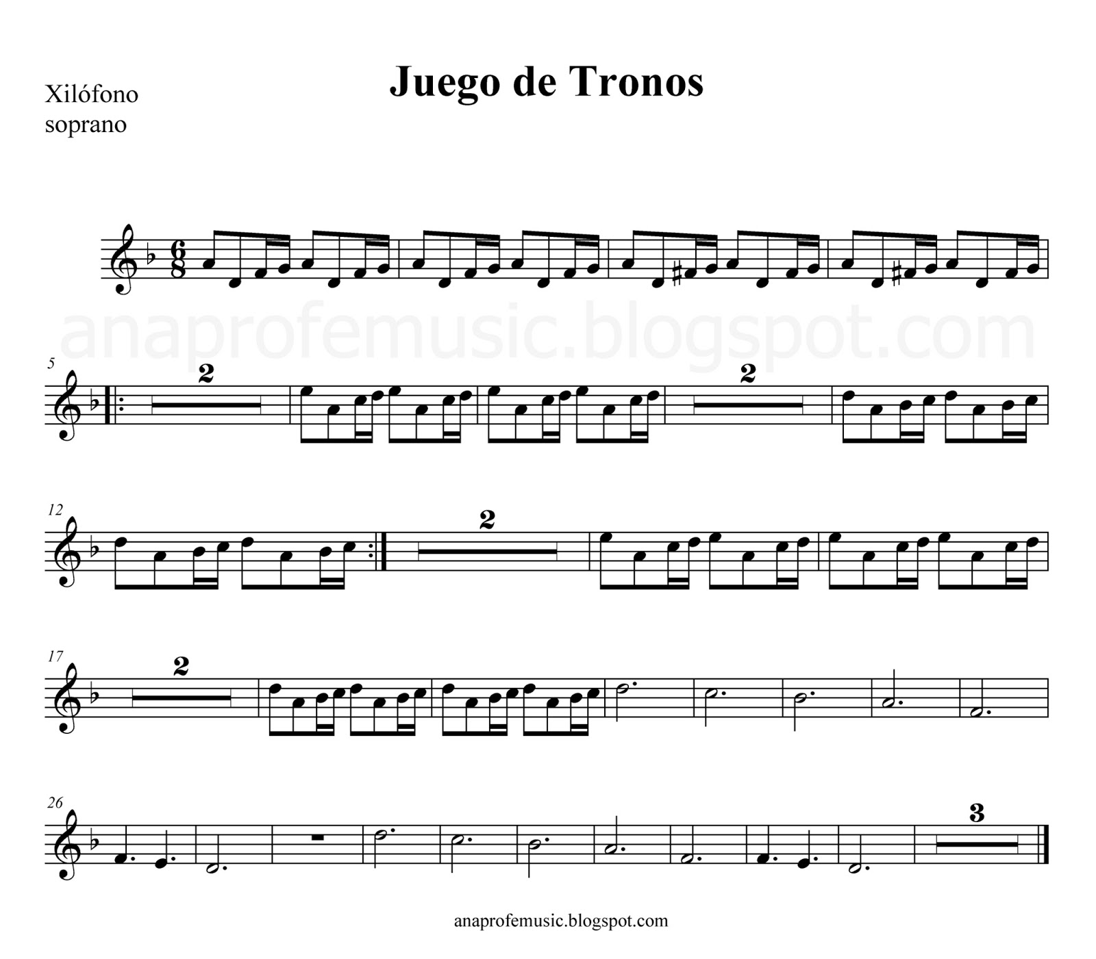 AnaProfeMusic Partitura Juego de Tronos para flautas y xilófonos