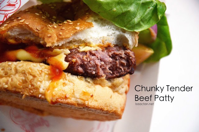 Chunky yet tender beef patty grilled to perfection in each Burger Bakar