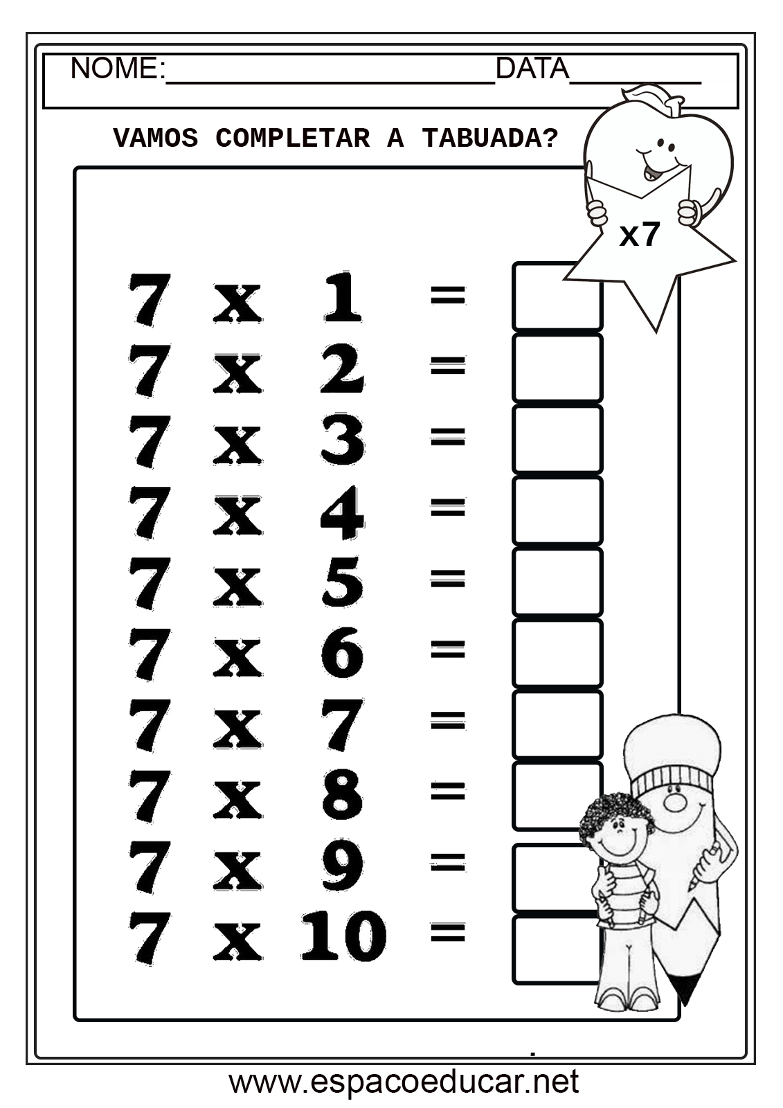 Tabuada Da MultiplicaÇÃo Por 7 Para Completar Atividade EspaÇo Educar