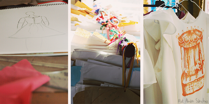 Composición fotográfica de tres fotografías hechas en el taller de la Bocoque que muestran unos bocetos, unos patrones y ropa de la nueva colección.