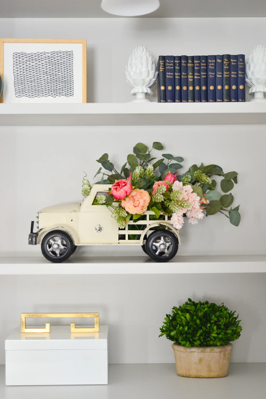 spring DIY, pickup truck planter, tips on arranging faux flowers