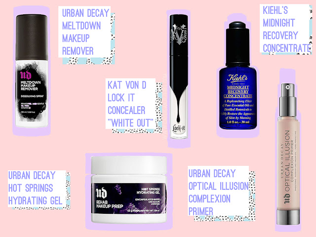 Urban Decay Meltdown Makeup Remover || Kat Von D Lock It Concealer "White Out" || Keihl's Midnight Recovery Concentrate || Urban Decay Hot Springs Hydrating Gel ||  Urban Decay Optical Illusion Complexion Primer