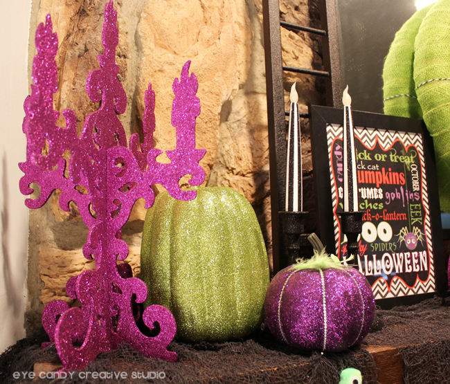 candlelabra, glam pumpkins, subway art, halloween mantel decor