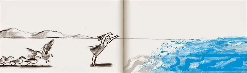 Muestra de páginas interiores del cuento La Ola ilustrado por Suzy Lee
