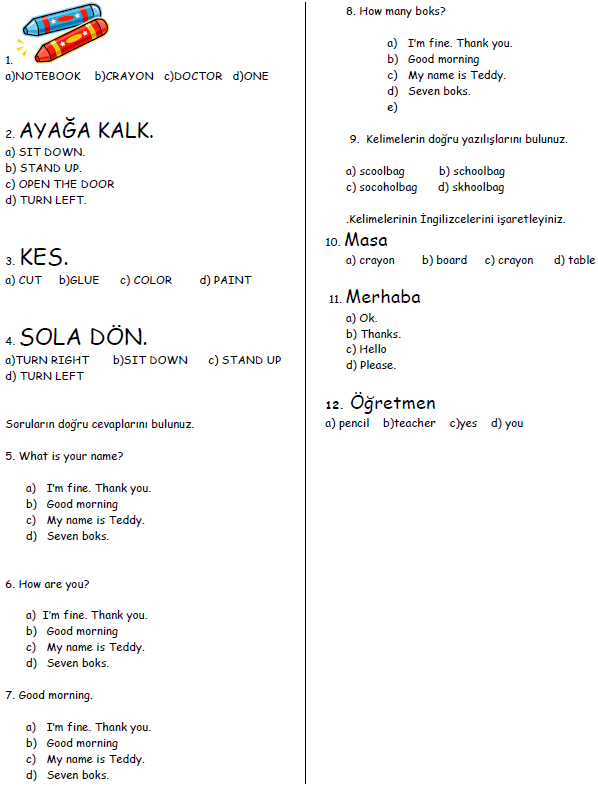 2. Sınıf İngilizce Online Testi Çöz 3 - Online Test Çözme Sitesi