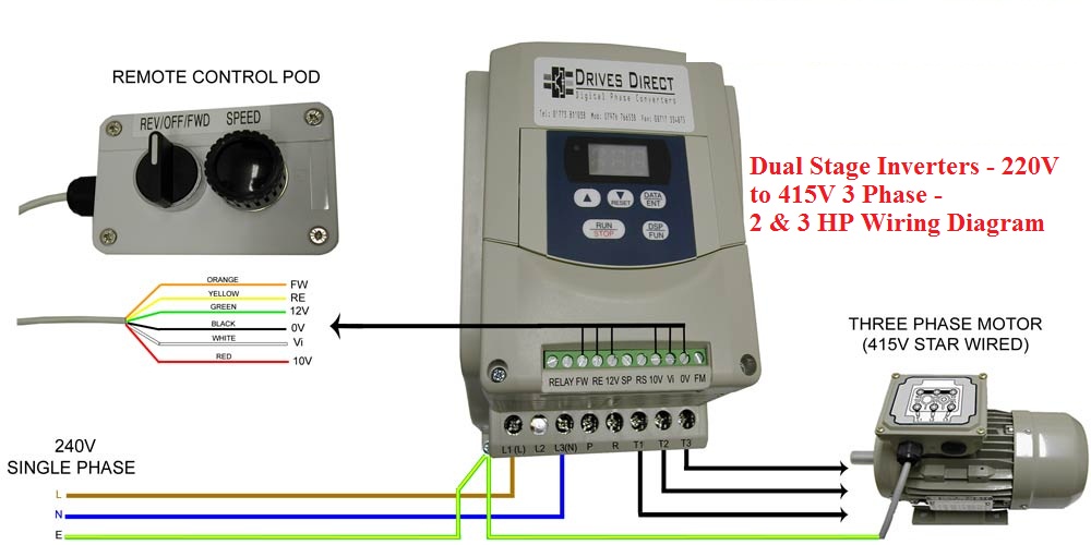 Dual Stage Inverter 220V to 415V 3 Phase 2 & 3 HP Wiring Diagram