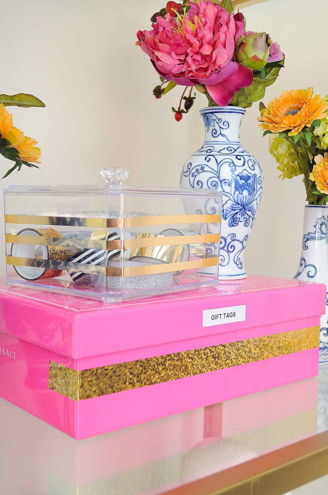 Gorgeous DIY dollar store lucite and gold office and craft supplies organizer.