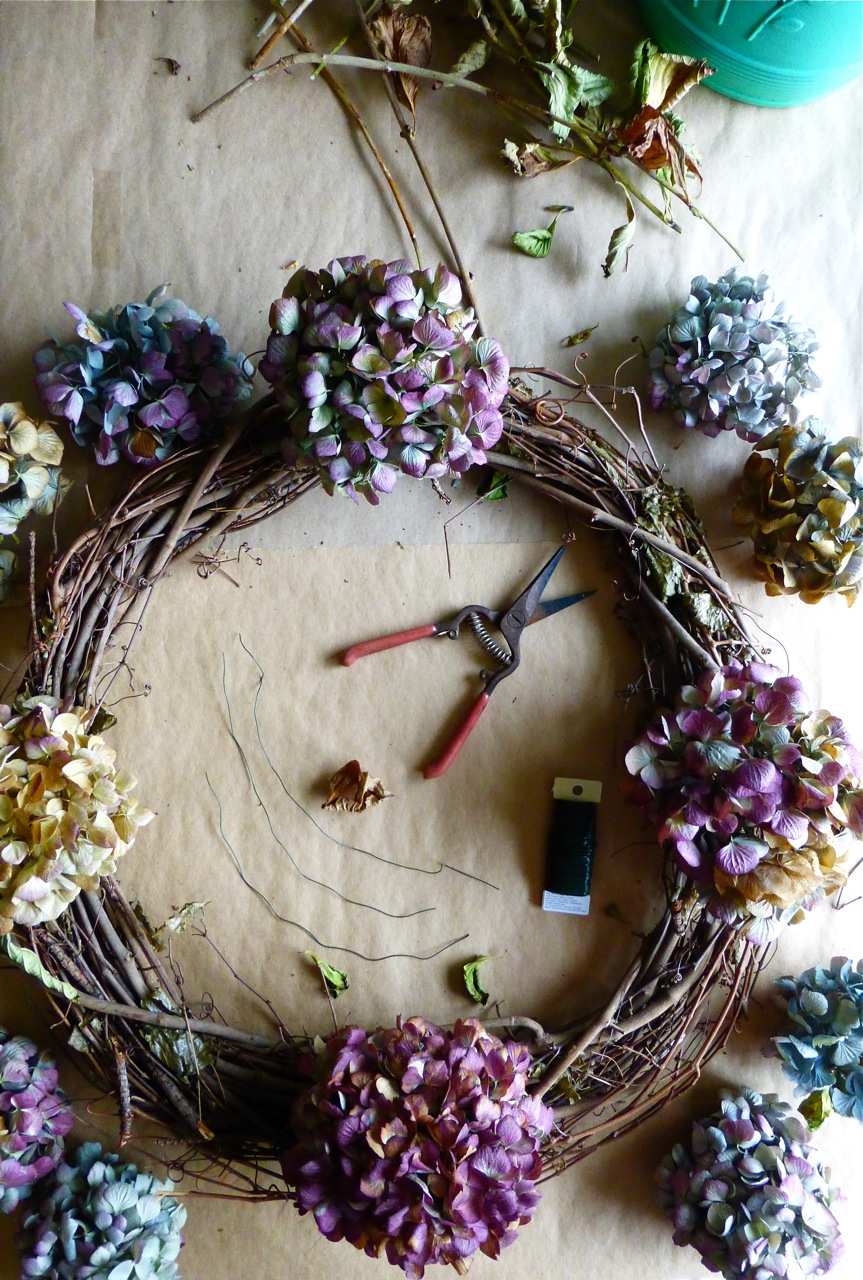 hydrangea wreath, Hydrangea wreath, placement of flowers for hydrangea wreath, do it yourself hydrangea wreath