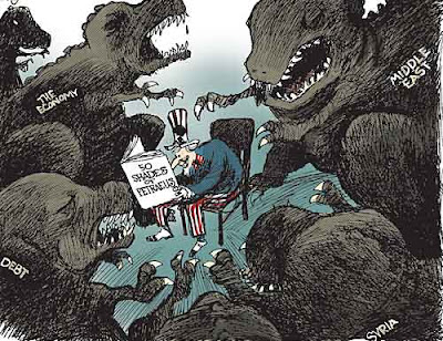 Political cartoon showing Uncle Sam reading a book called 50 Shades of Petraeus while surrounded by T-Rexes labeled Debt Economy Syria and Middle East