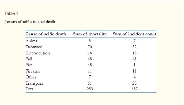 This chart shows 9 major causes of selfie related deaths