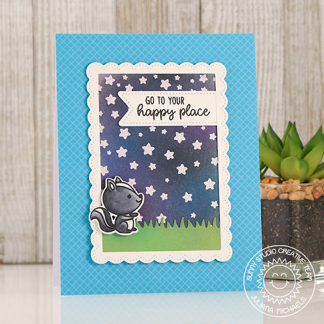 Sunny Studio Stamps: Cascading Stars Critter Campout Night Sky Framed Background Card by Juliana Michaels