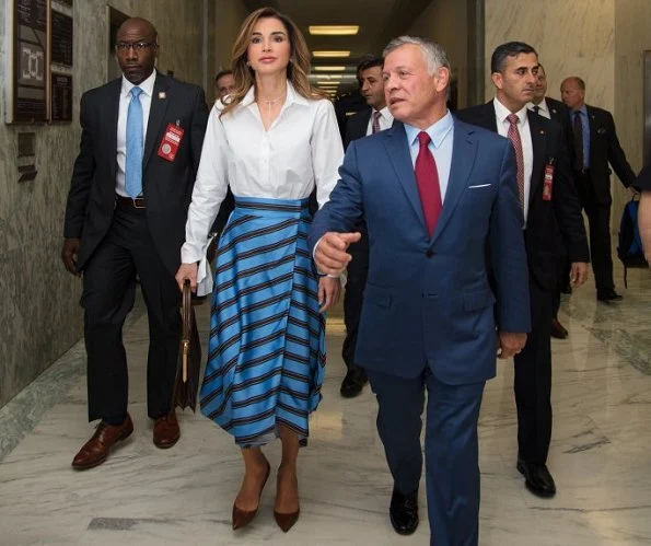 Queen Rania wore a striped satin wrap midi skirt by FENDI. Queen Rania attended a meeting with House Foreign Affairs Committee Chairman Ed Royce