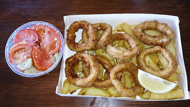 Archie's Fish and Chips, fish and chips, calamari, salad