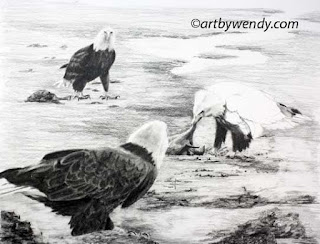 pencil drawing of a 2 bald eagles on a sand bar watching a 3rd eagle eat a fish
