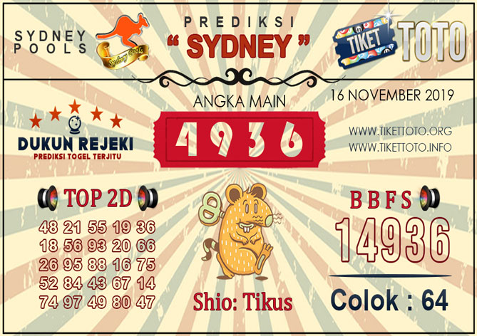 Prediksi Togel SYDNEY TIKETTOTO 16 NOVEMBER 2019